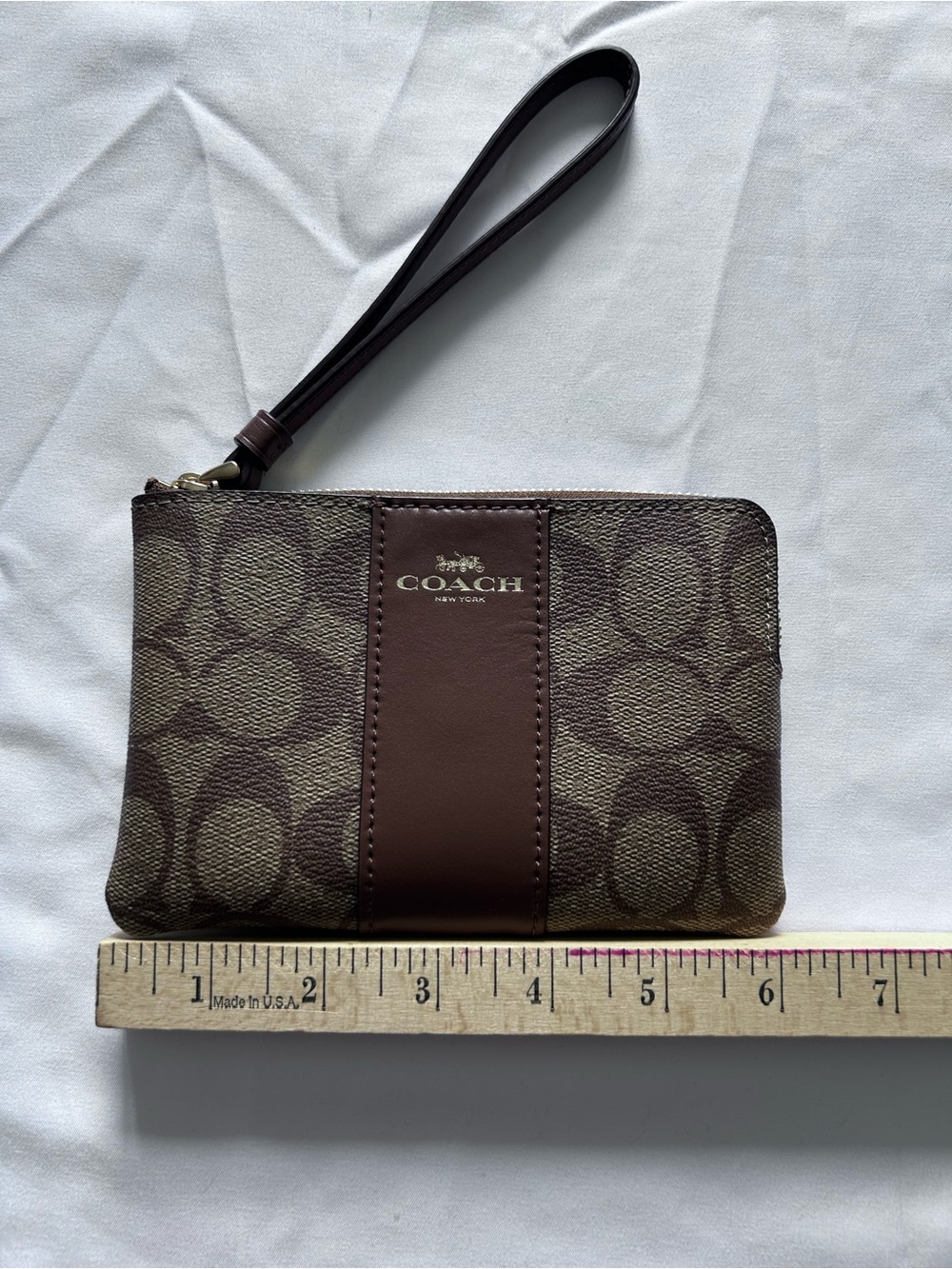 Coach Brown Signature Canvas Wristlet with Dark Brown Leather Trim